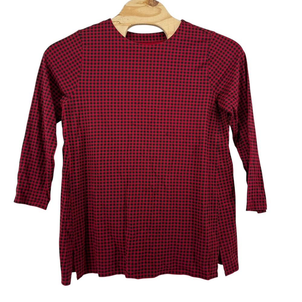 JJill Luxe Supima Tunic Red Black Gingham 3/4 Sleeve Women's Large Christmas